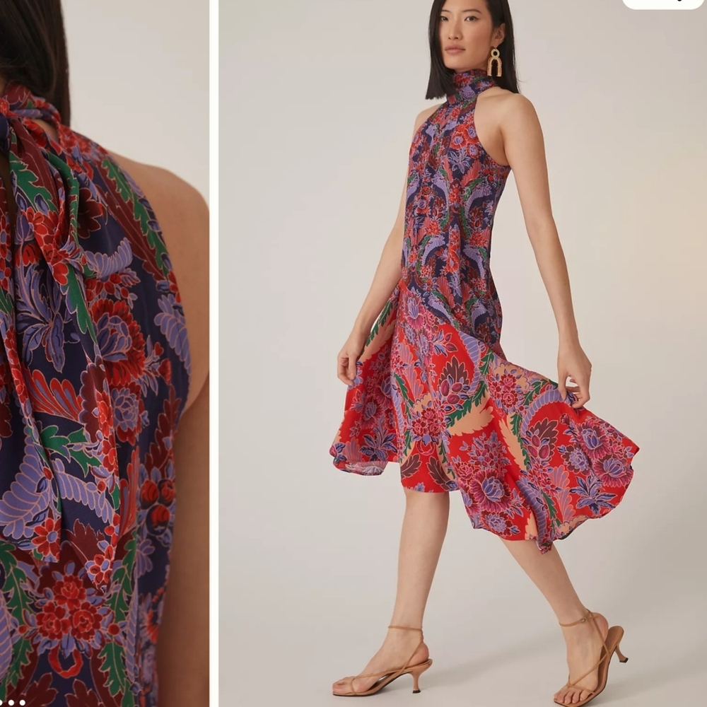 Anthropologie Floral 100% Silk Halter Midi Dress Like New